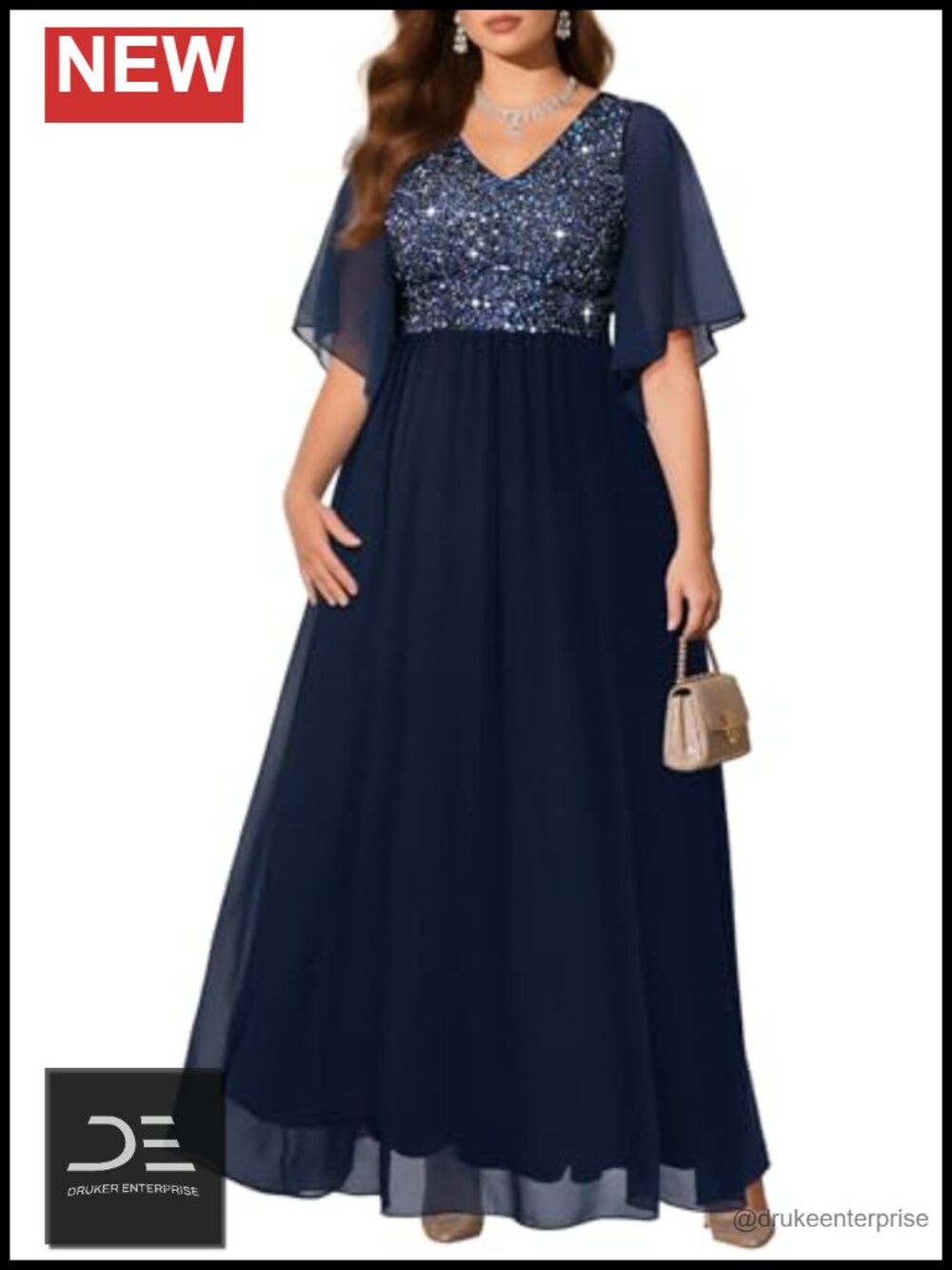 Plus Size Formal Evening Gown Prom Sequin Floor Length Cape Sleeve Dress